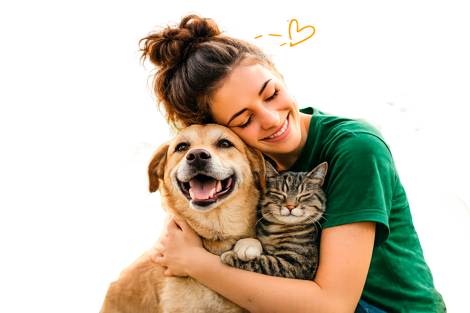 Voluntária abraçando um cachorro e um gato